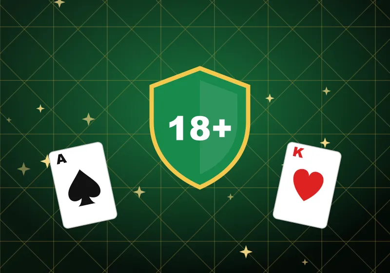 Shield with an 18+ sign between an ace of spades and a king of hearts