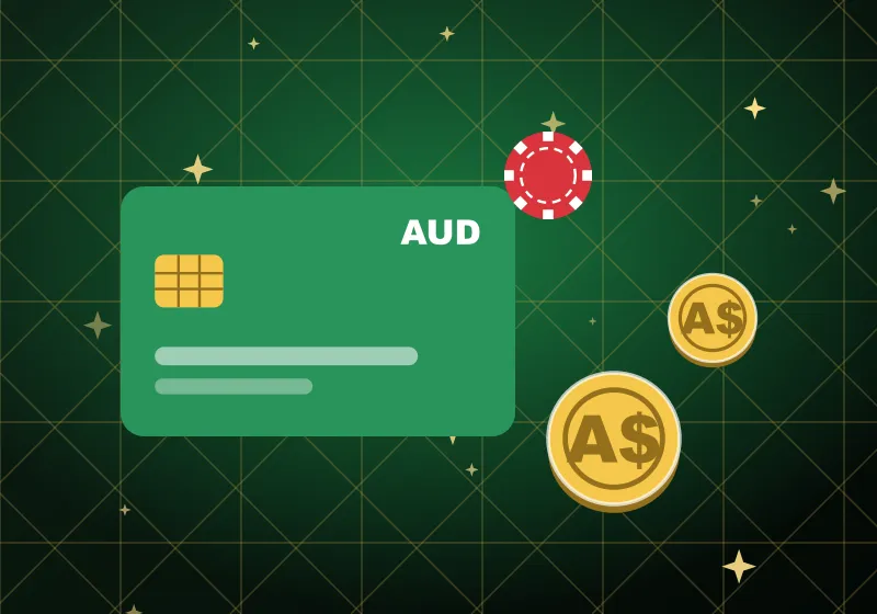 AUD payment card, casino chip and A$ coins on a green table