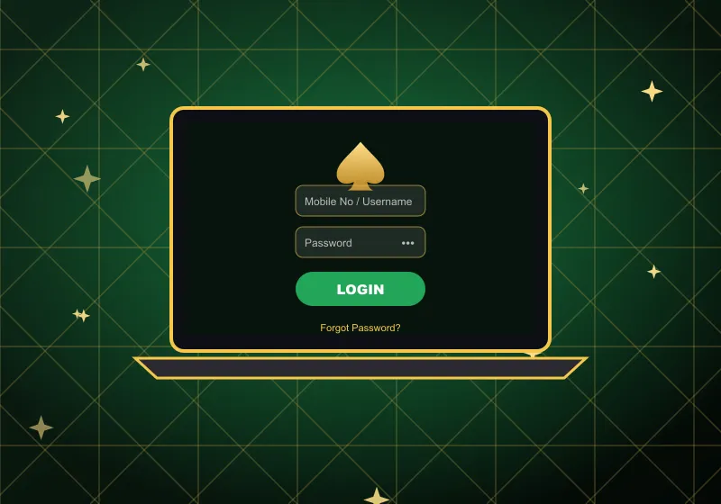 Laptop showing the Spade69 login form with Mobile No / Username, Password and a green LOGIN button