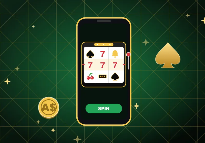 Phone with Spade69 pokies reels and a green SPIN button